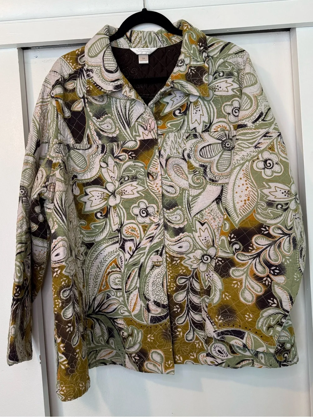 CJ Banks Olive, Cream & Brown Paisley Quilted Jacket